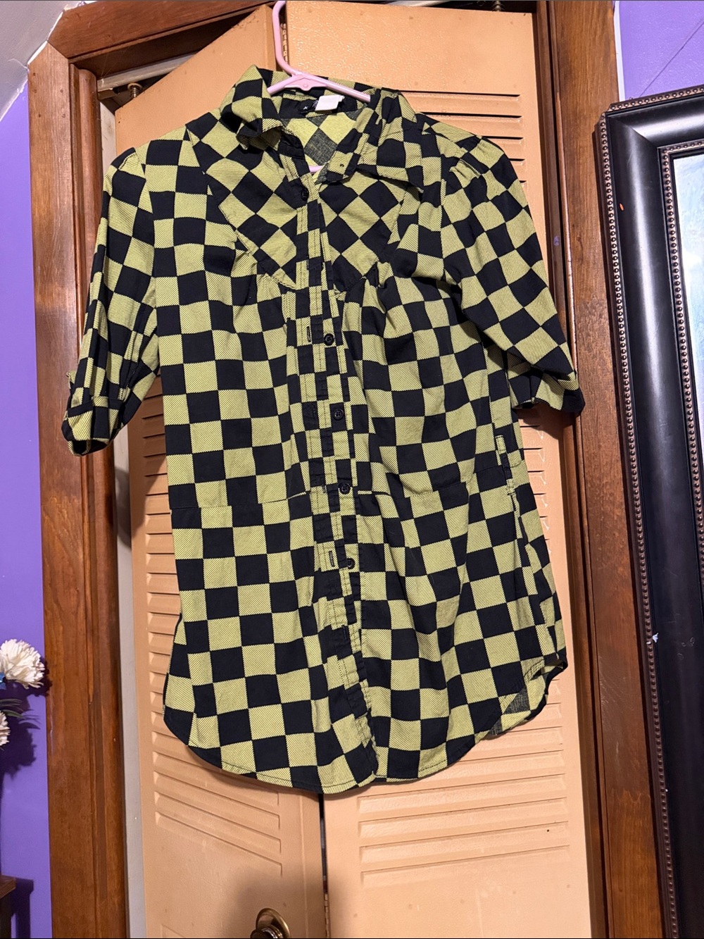 Abbey Dawn Black and Lime Checkered Short-Sleeve Button-Down Shirt
